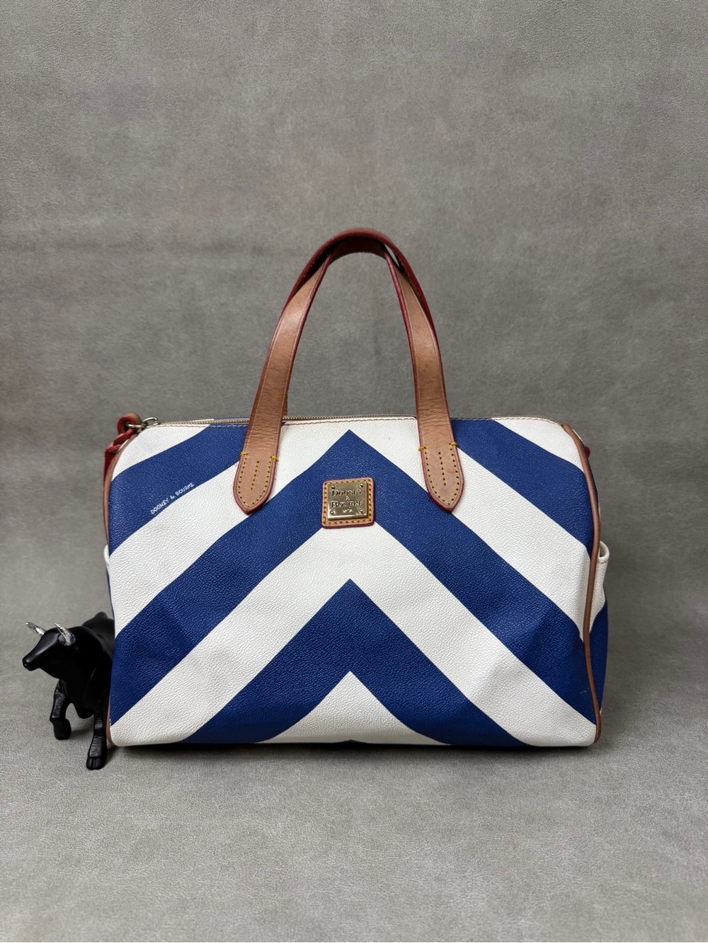 Dooney & Bourke Blue and White Chevron Duffel with Brown Leather Trim